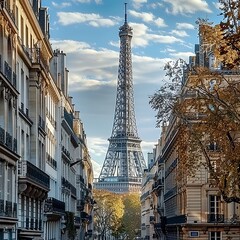 Eiffel tower, close up view from Rue del Universit, surrounded by traditional French buildings, in the city of Paris, France.