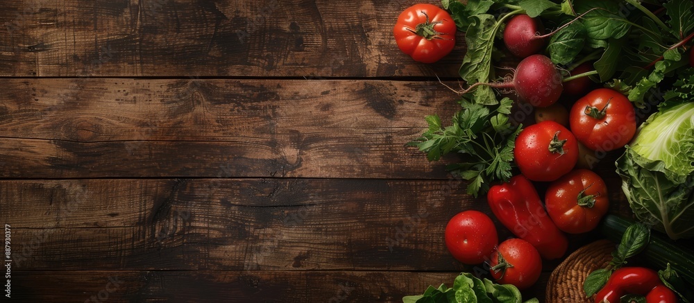 Sticker Vegetables arranged on a wooden surface providing a copy space image for text to be added