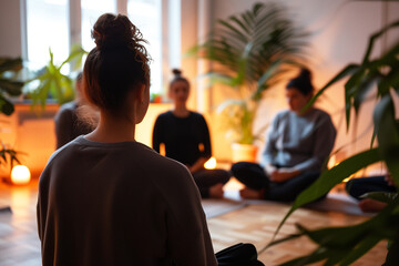 yoga instructor leading group of women in meditation class or therapy session in cozy room