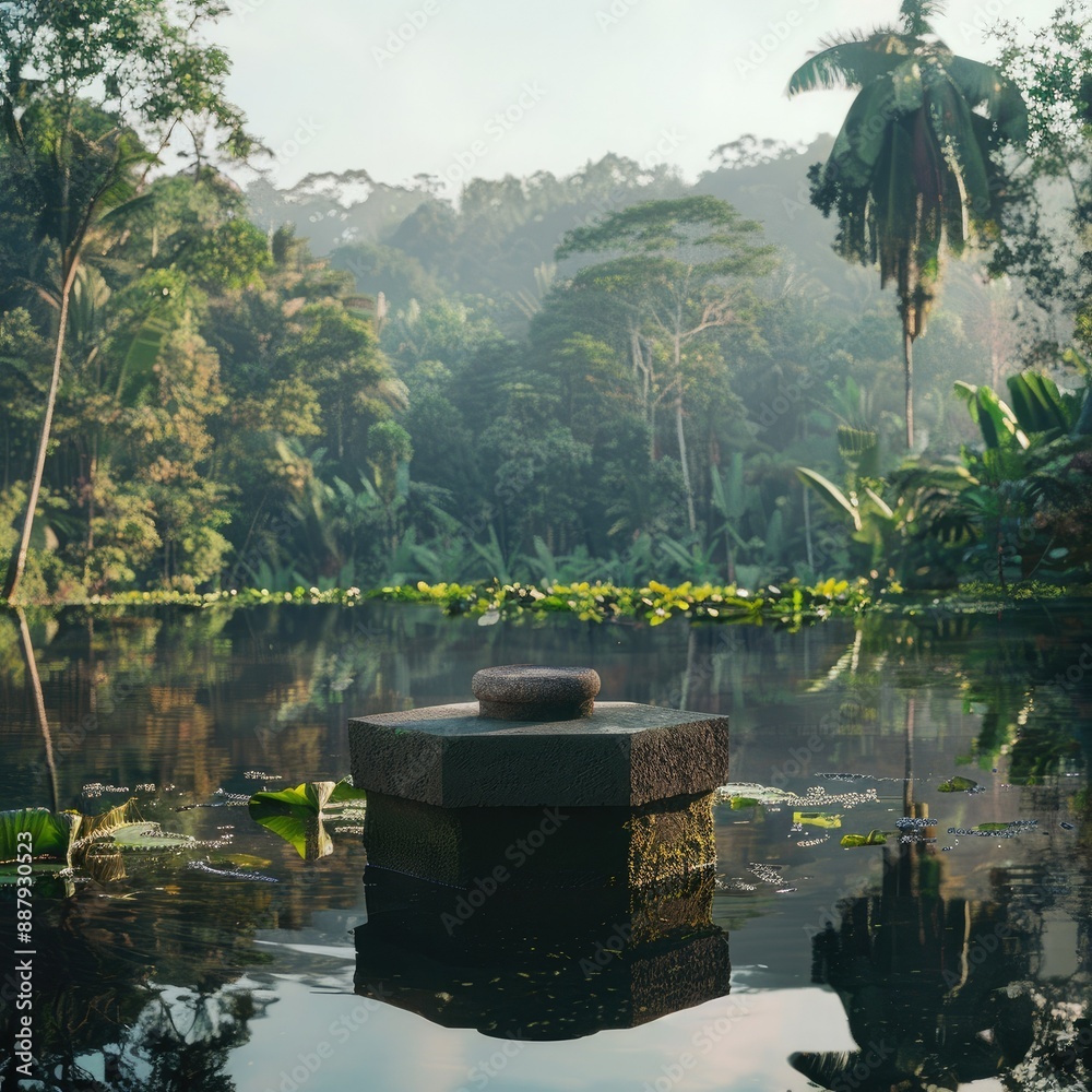 Poster a stone pedestal with cosmetics floating on a lake, with a backdrop of lush forests and a tranquil, 