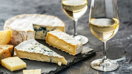 Assorted cheeses and white wine on slate board
