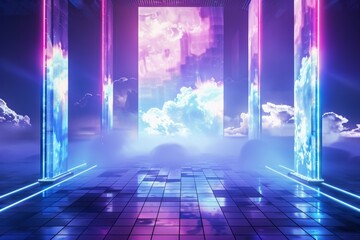 Naklejka premium An empty stage in a futuristic virtual reality arena, with a grid-like floor, holographic projections, and a digital landscape changing in the background.