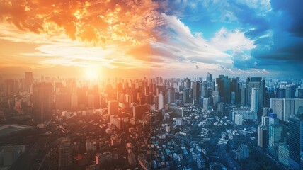 Obraz premium Cityscape split between vibrant sunset and clear blue sky, showcasing varying city moods