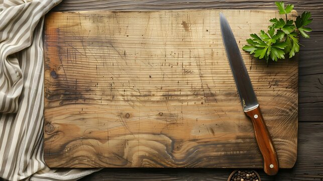 Old Knife and Wooden Cutting Board on Dark Wood Background