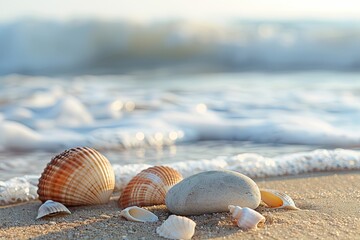 Seashells and pebbles on sandy beach at sunset