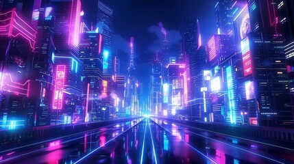 Fototapeta premium Experience the dazzling nightlife of a futuristic cyberpunk metropolis as neon lights bathe the towering skyscrapers and sprawling roadways in a vibrant glow.