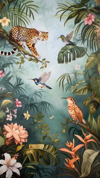 Vintage wallpaper of jungle with pumas and hummingbirds, pastel color, oil painting style. 