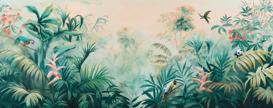 Fototapeta Vintage wallpaper of lush jungle in pastel colors, depicting parrots and pandas in the background, oil painting. 