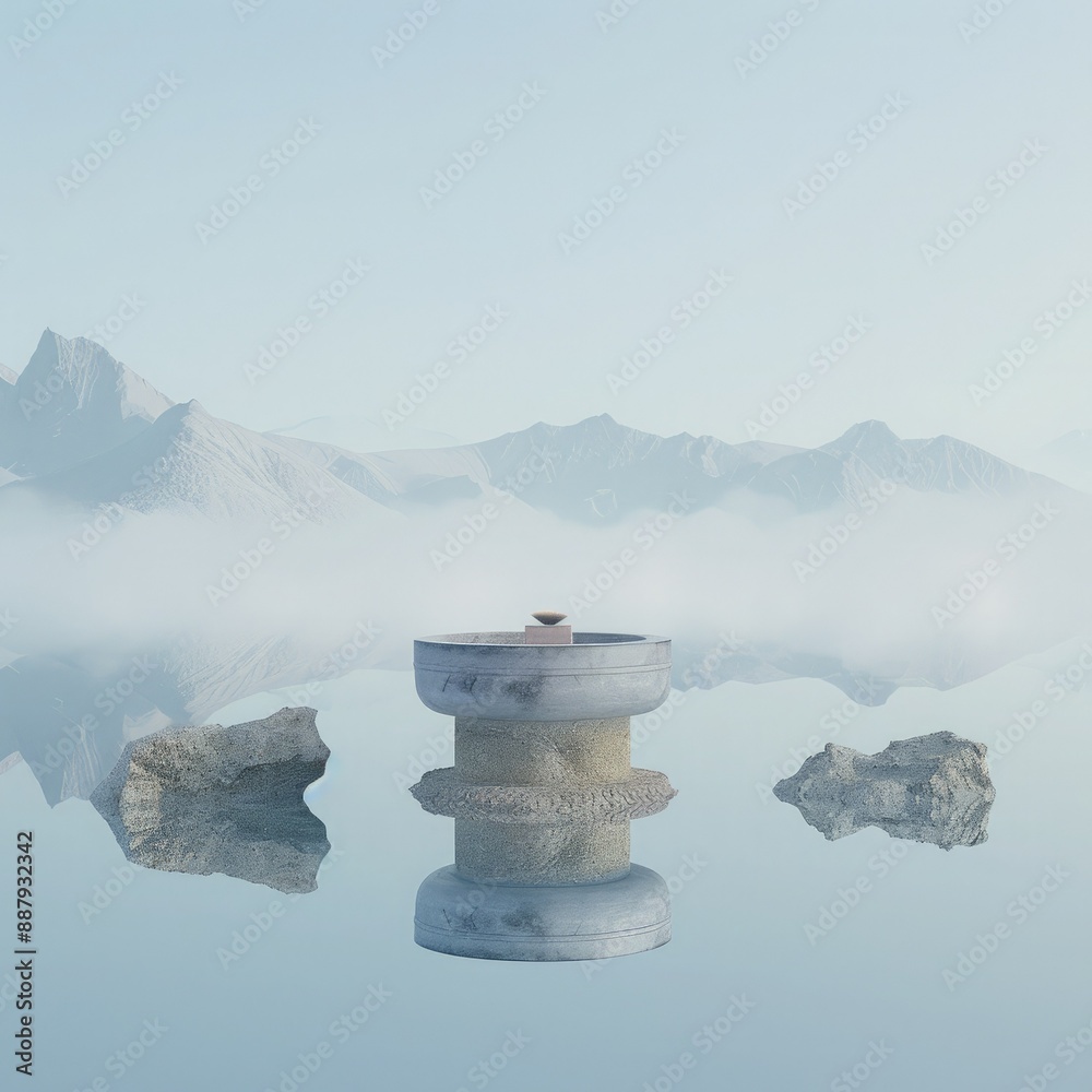 Poster a stone pedestal with cosmetics, set on the surface of a glassy lake, with distant mountains and mor