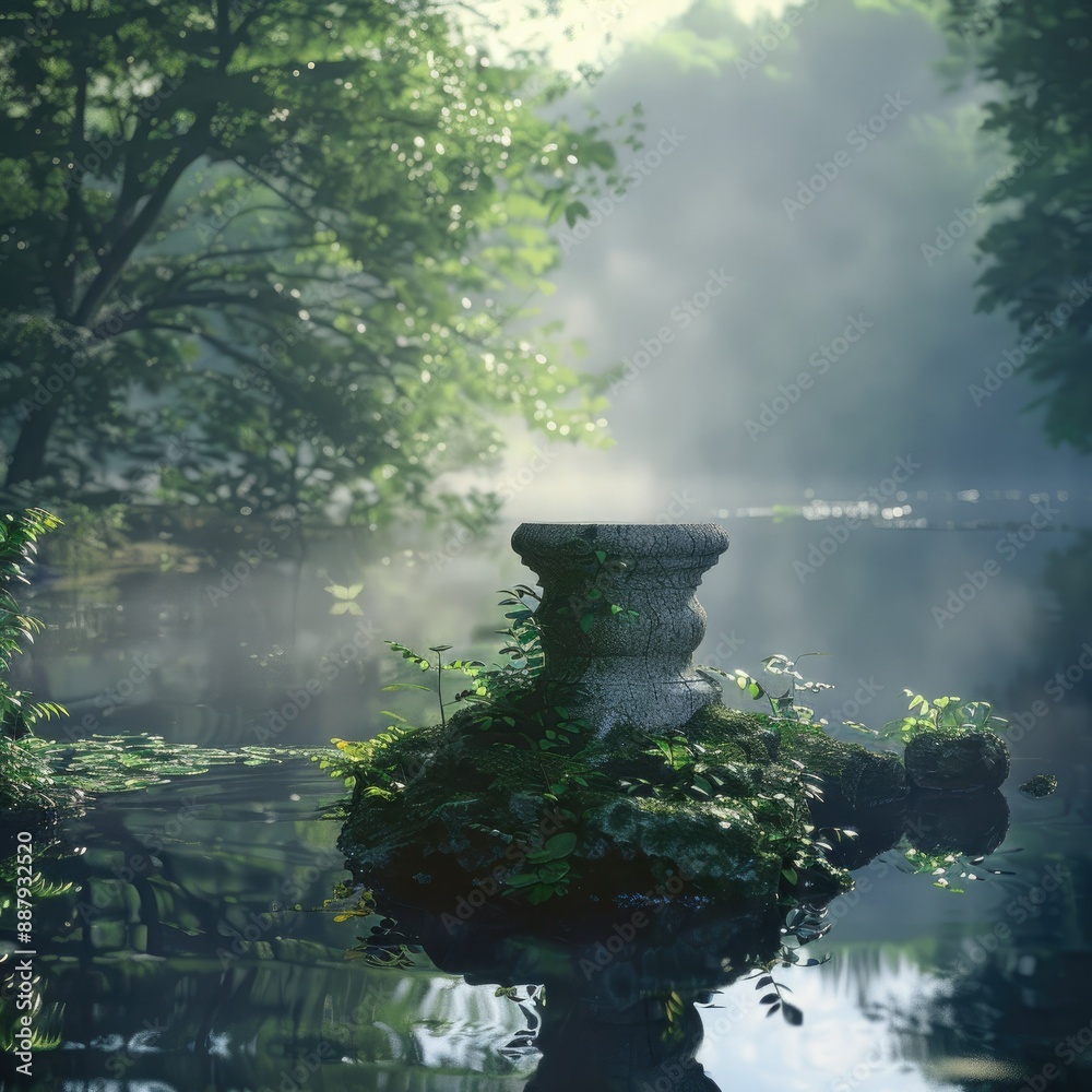 Poster a stone pedestal display in the middle of a calm lake, surrounded by lush greenery and reflecting th