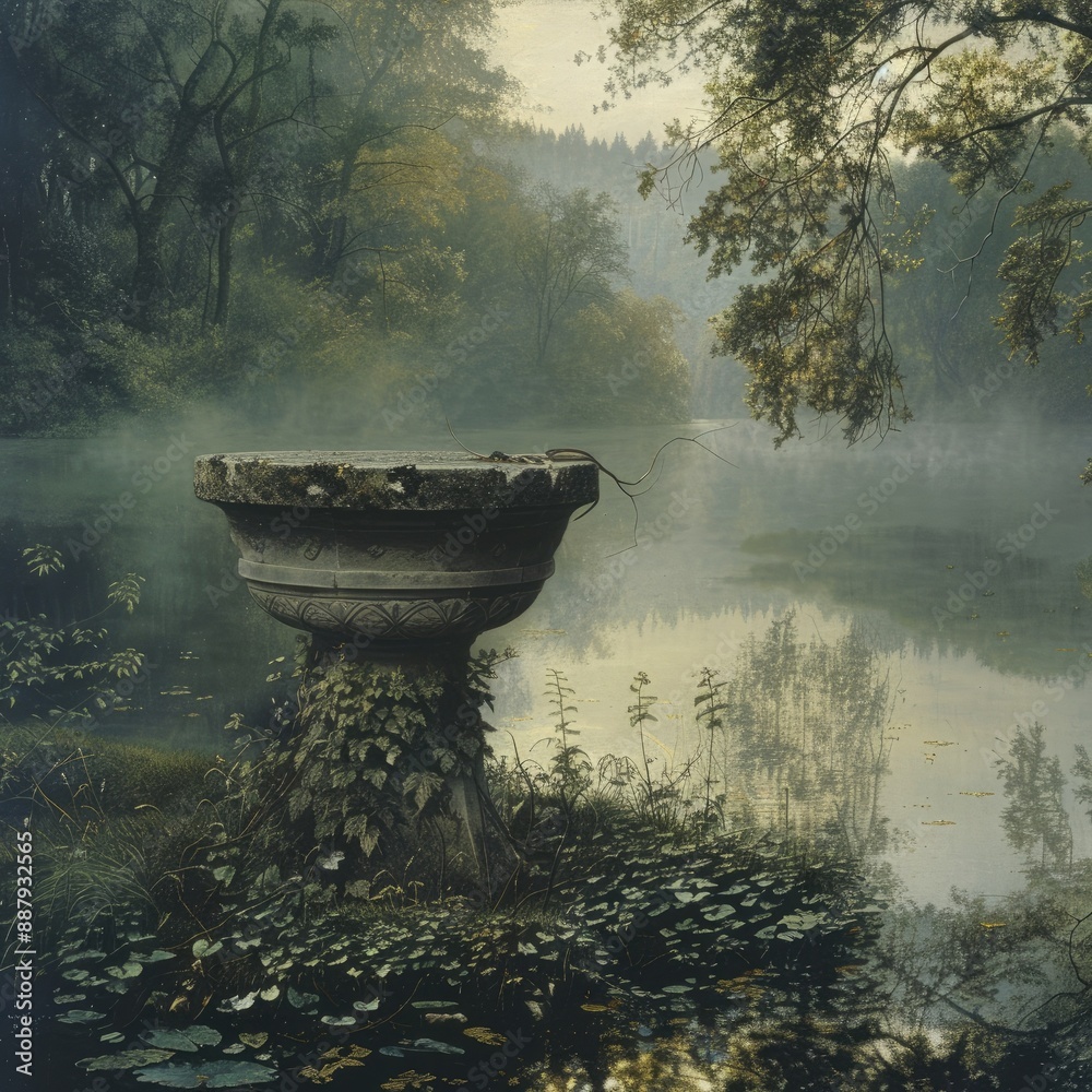 Poster a stone pedestal display in the middle of a calm lake, surrounded by lush greenery and reflecting th