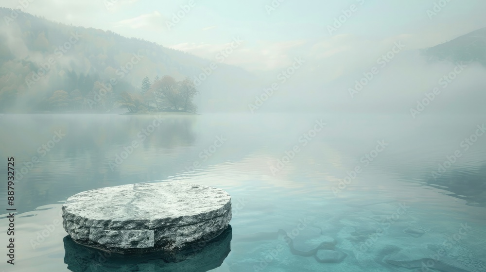 Poster a stone pedestal emerging from a serene lake, set against a backdrop of distant mountains and mornin