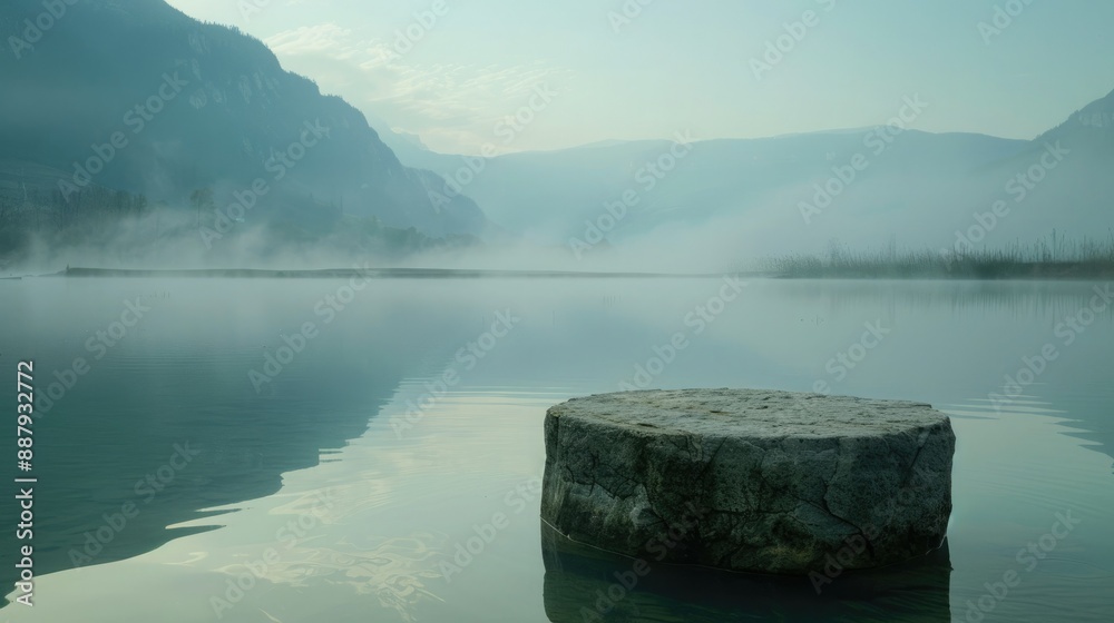 Poster a stone pedestal emerging from a serene lake, set against a backdrop of distant mountains and mornin