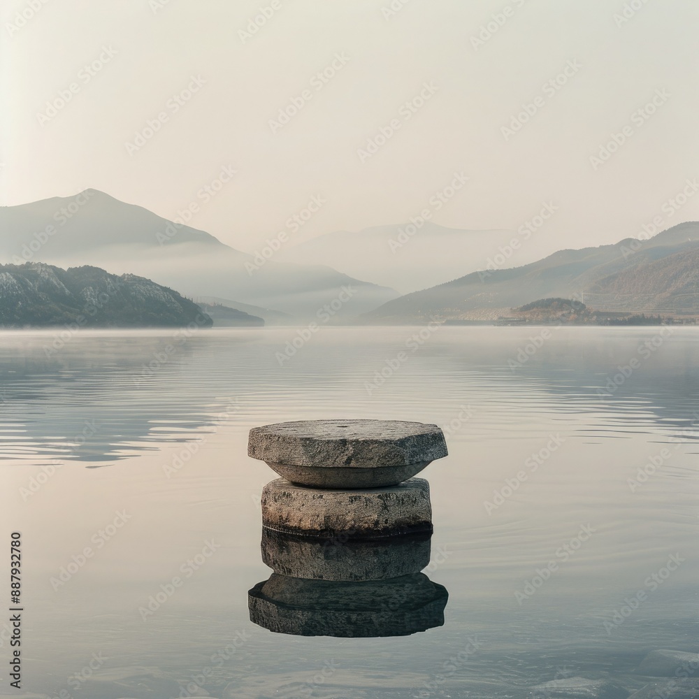 Aufkleber A stone pedestal emerging from a serene lake, set against a backdrop of distant mountains and morning mist, providing a tranquil setting for a cosmetic display. 