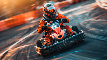 man is go-karting at high speed on a track, fully geared with a helmet and racing suit, motorsports, racing,  adventure.