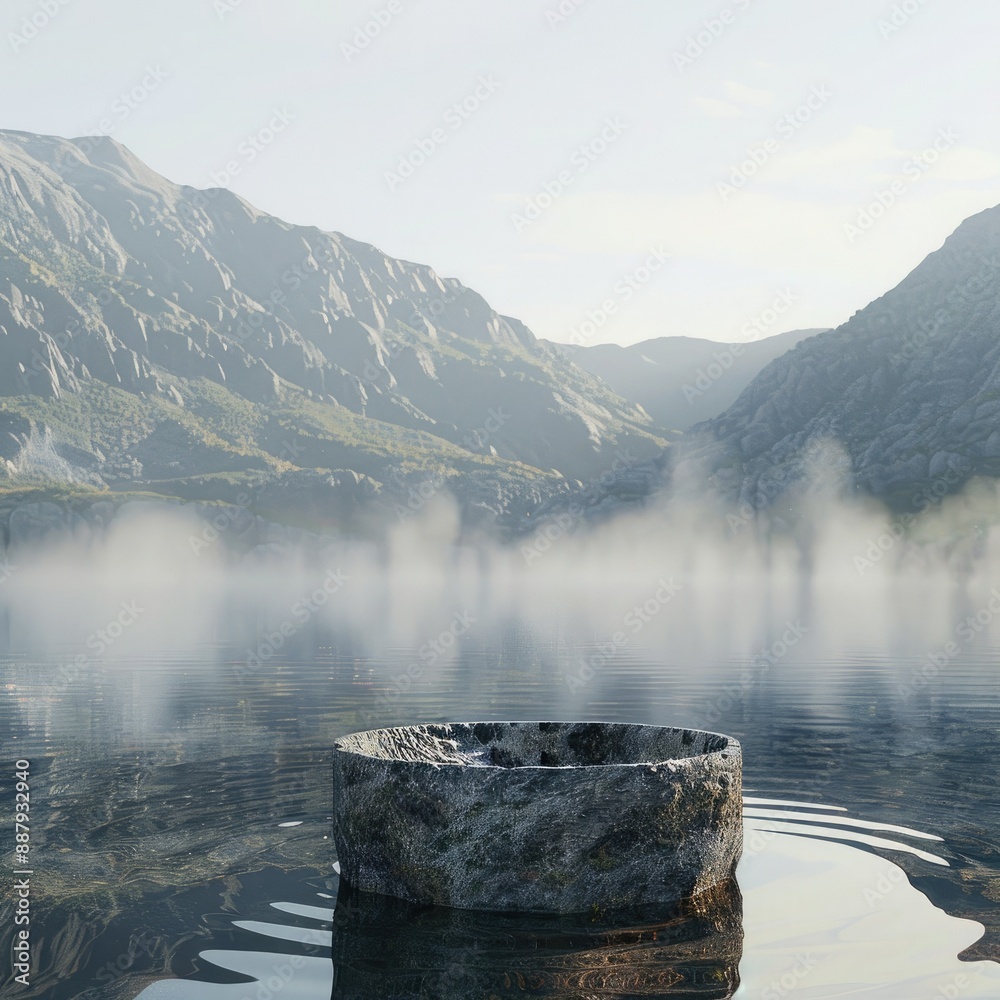 Poster a stone pedestal emerging from a serene lake, set against a backdrop of distant mountains and mornin