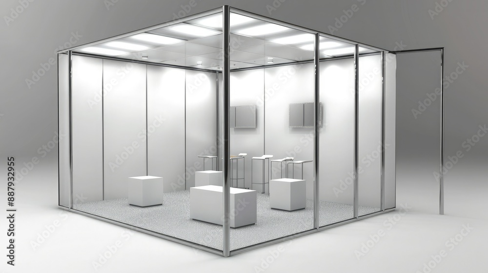 Poster A 3D render of an empty booth system with a versatile, adaptable layout. The blank background provides plenty of room for online graphics. 