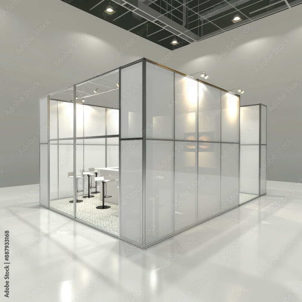 Poster A 3D render of an empty booth system with a versatile, adaptable layout. The blank background provides plenty of room for online graphics.