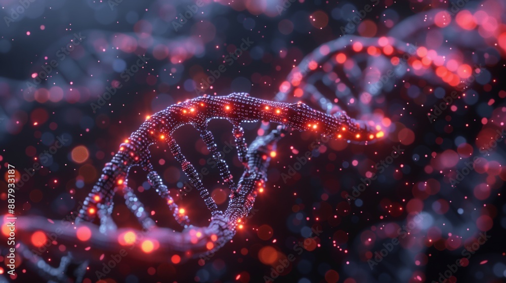 Poster dna double helix is digitally represented with glowing red nodes symbolizing genetic data. machine l