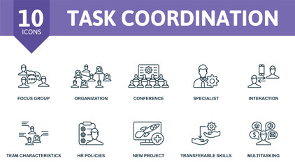 Task Coordination thin line icon set. Focus Group, Organization, Conference, Specialist, Interaction, Team Characteristics, Hr Policies, New Project, Transferable Skills, Multitasking icons and more