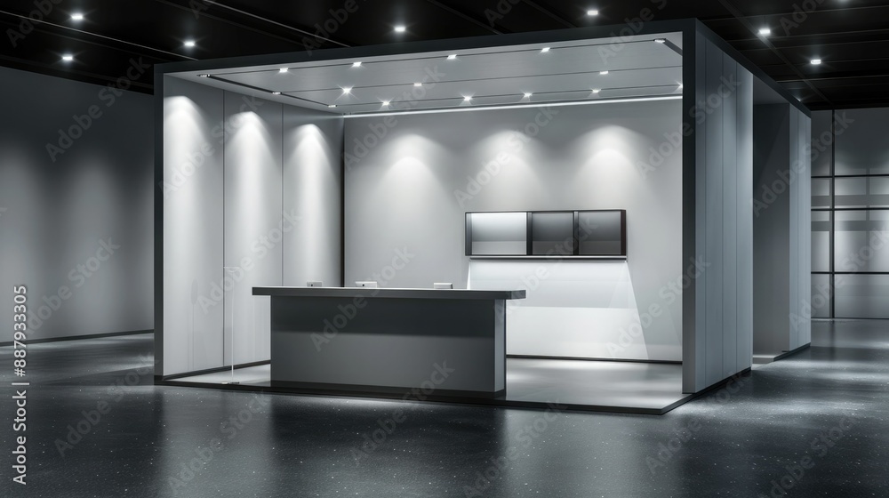 Poster a sleek, contemporary booth system in a 3d render, featuring a seamless design and ample wall space 