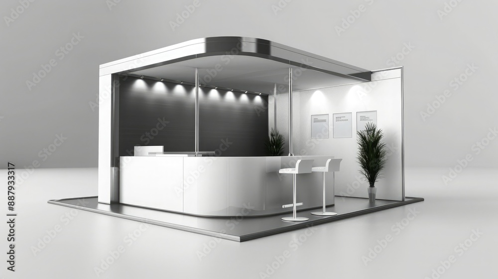 Poster a sleek, contemporary booth system in a 3d render, featuring a seamless design and ample wall space 
