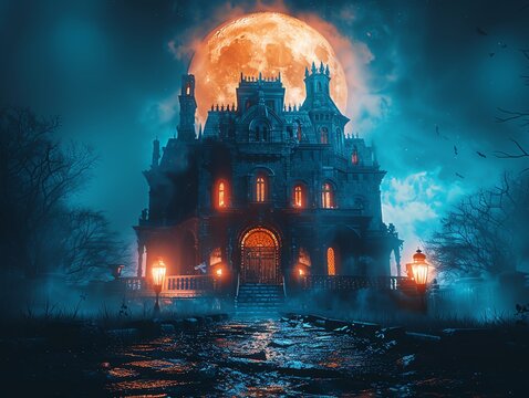 Spooky haunted house with eerie lighting, creepy decorations, and a full moon in the background