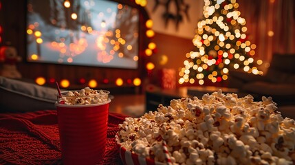Cozy Christmas movie night with a decorated tree, popcorn, and holiday-themed movies playing on a big screen