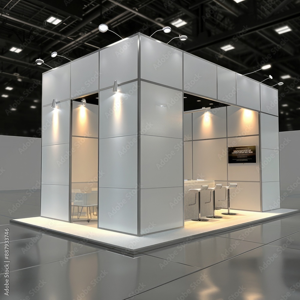 Poster a sleek, contemporary booth system in a 3d render, featuring a seamless design and ample wall space 