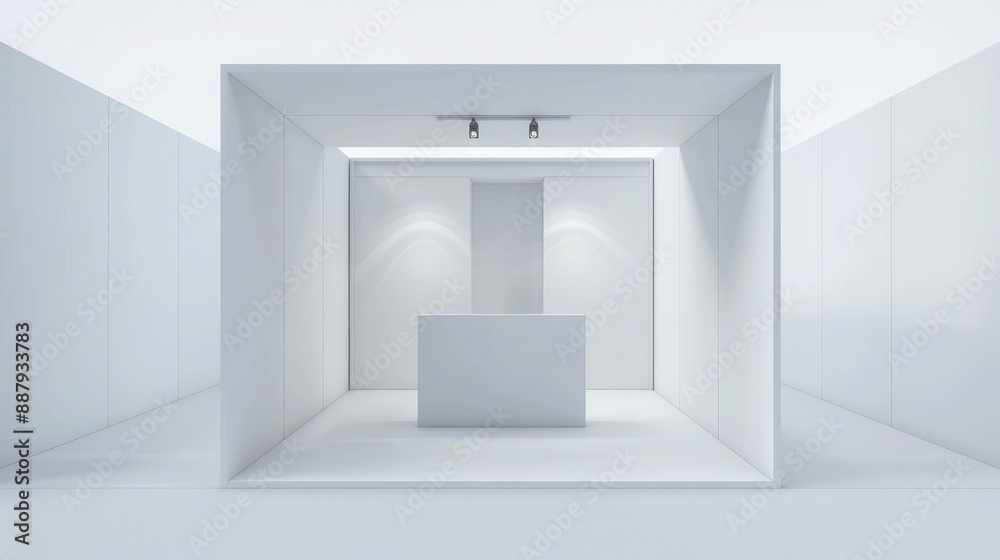 Poster A blank booth system with modular panels in a 3D render. The design offers flexibility for customizing and displaying online graphic resources. 