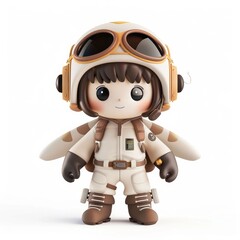 Charming Clay Pilot Character in Kawaii Style on White Background - 3D Model with Adorable Small Black Dot Eyes, Generative Ai