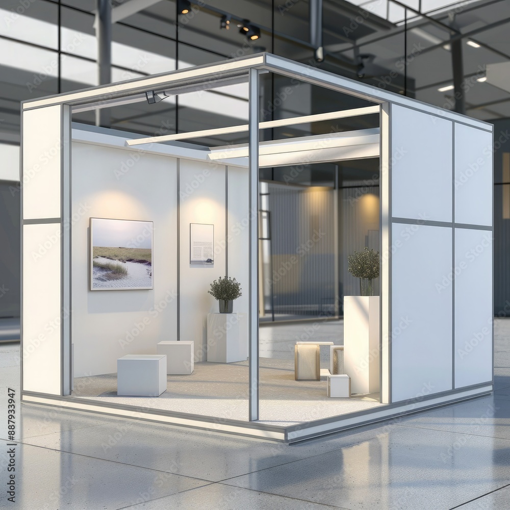 Poster A blank booth system with modular panels in a 3D render. The design offers flexibility for customizing and displaying online graphic resources.