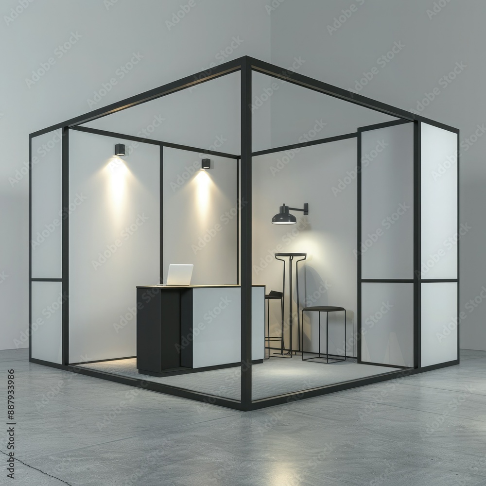 Poster A blank booth system with modular panels in a 3D render. The design offers flexibility for customizing and displaying online graphic resources. 