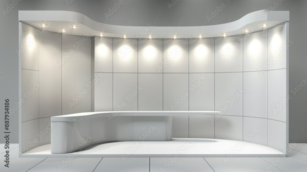 Poster An empty booth system in a 3D rendering, featuring smooth surfaces and a neutral color palette. Ideal for showcasing online graphic resources. 