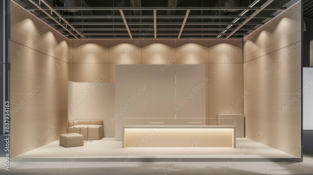 Poster An empty booth system in a 3D rendering, featuring smooth surfaces and a neutral color palette. Ideal for showcasing online graphic resources. 