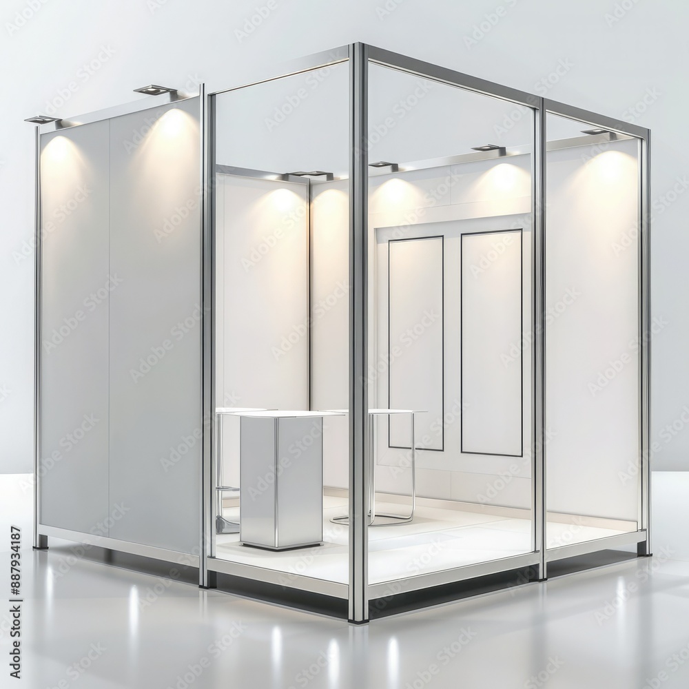 Poster A blank booth system with modular panels in a 3D render. The design offers flexibility for customizing and displaying online graphic resources. 
