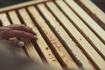 Beekeeper is working with bees and beehives on the apiary.