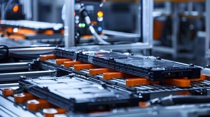 Mass production assembly line of electric vehicle battery cells close-up view