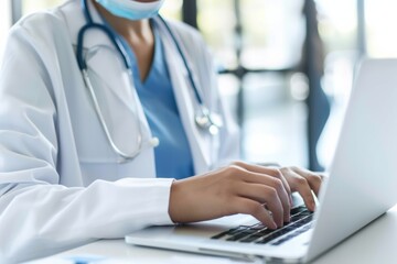 Dedicated doctor reviewing patient records on laptop, blending technology with healthcare