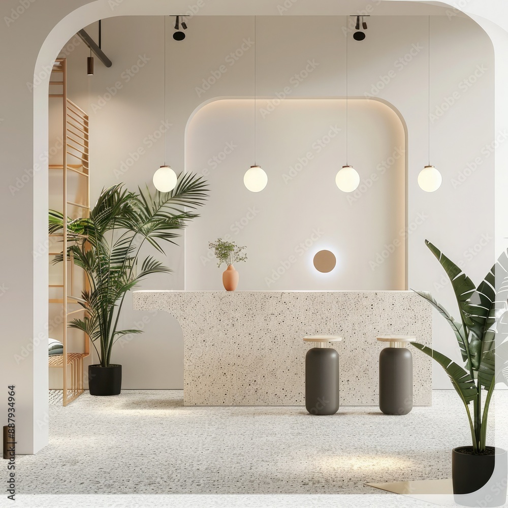 Poster A minimalist 3D booth system with clean lines and neutral colors. This versatile background provides ample space for adding online graphic content.