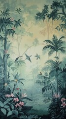 Vintage wallpaper of lush jungle in pastel shades, depicting songbirds and kangaroos in the background, oil painting. 