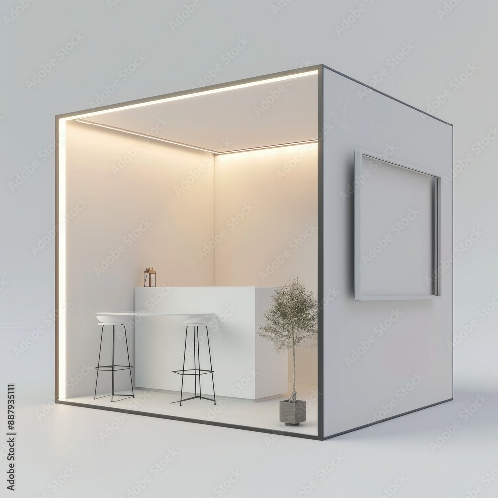 Poster A blank, modern booth system with sleek white walls and a simple design. The 3D render includes customizable panels, perfect for displaying graphic resources online.
