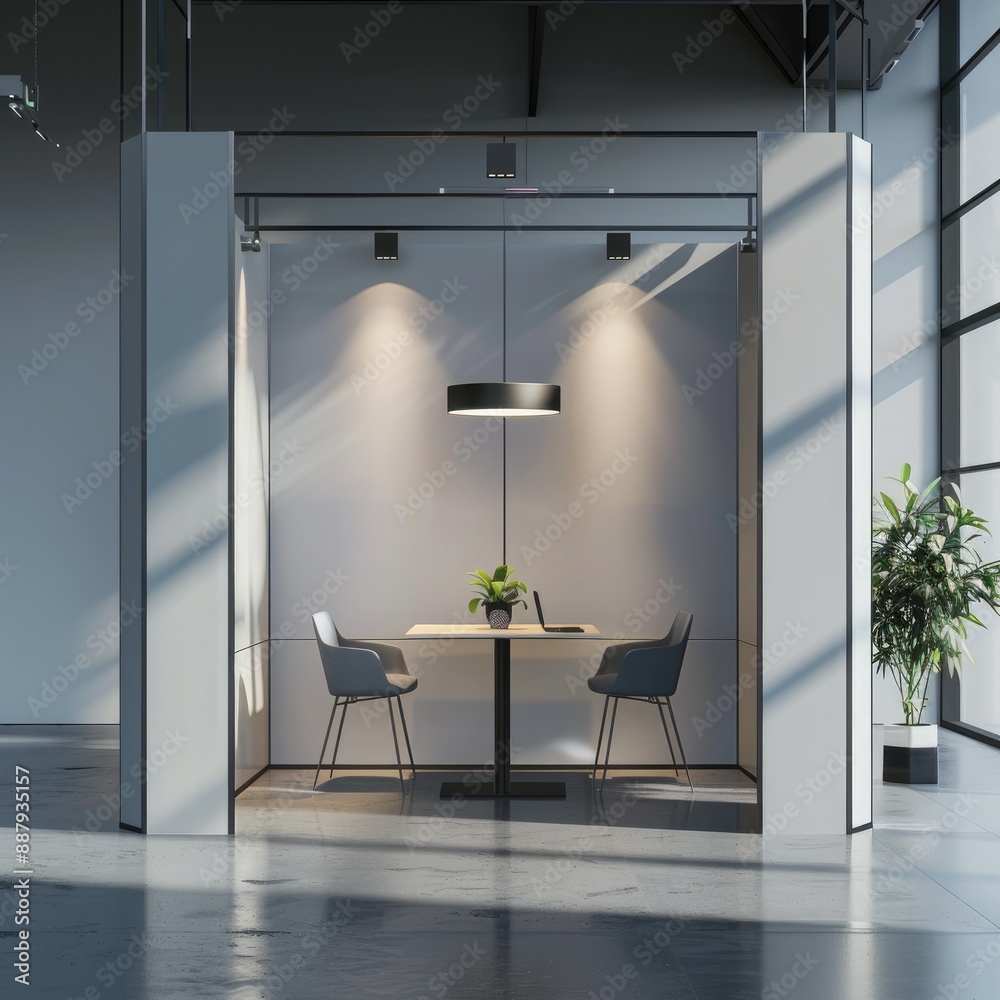 Poster A blank, modern booth system with sleek white walls and a simple design. The 3D render includes customizable panels, perfect for displaying graphic resources online. 