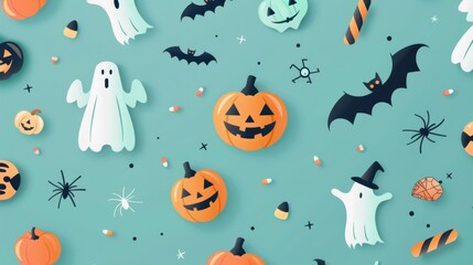 Fototapeta premium Cute Halloween pattern with jack-o'-lanterns, ghosts, bats, and spider webs on a light blue background, perfect for children's decor.