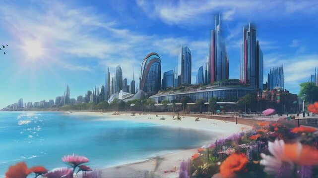 suasana pantai pasir putih ditepi perkotaan modern metropolis, seamless looping time lapse virtual 4k video animation background.