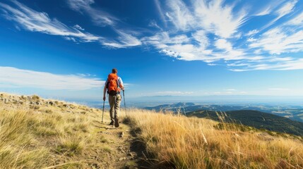 Obraz premium A lone hiker with an orange backpack walks along a high-altitude trail under a vibrant blue sky with wispy clouds, showcasing freedom and exploration.