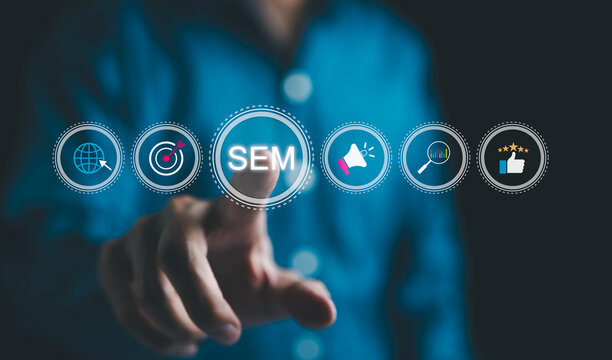 SEM, Search Engine Marketing Concept. Businessman point SEM related icons, symbolizing search engine optimization marketing ranking, and online advertising strategies. Digital marketing, SEO strategy,
