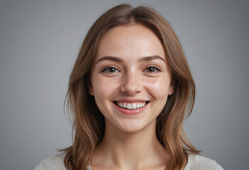 Naklejka premium Portrait view of a regular happy smiling Belarus woman, ultra realistic, candid, social media, avatar image, plain solid background