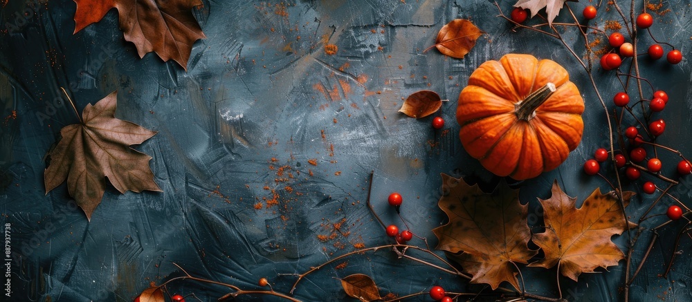 Wall mural top down view of autumn foliage a pumpkin red berries on a rustic backdrop creating a thanksgiving t