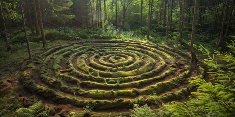 Naklejka premium Abstract Artist Creating Stunning Large-Scale Land Art in Dense Forest Environment, Highlighting Nature's Landscape Aesthetics and Life Themes, Perfect for Articles, Marketing Campaigns, and Advertisi